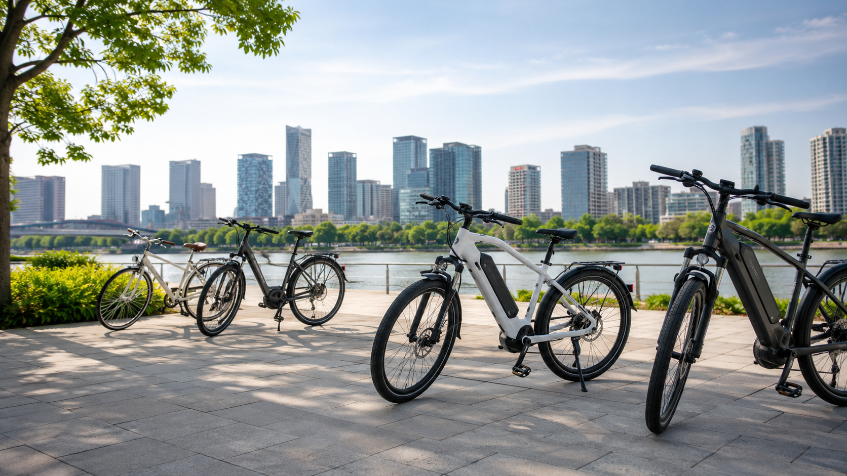 E-bikes available for local rental by a waterfront
